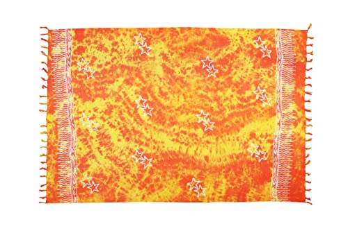 Pareo Sarong Strandtuch Damen - Wickelrock Strand - Handtuch blickdicht als Wickeltuch oder Handtuchkleid und Wickelkleid damen - Handarbeit aus Fair Trade Herstellung Batik Orange Gelb Sterne von SAIVONA