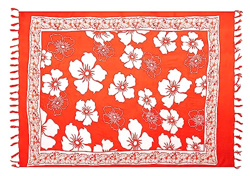 Pareo Sarong Strandtuch Damen - Wickelrock Strand - Handtuch blickdicht als Wickeltuch oder Handtuchkleid und Wickelkleid damen - Handarbeit aus Fair Trade Herstellung Batik Rot Hibiskus Blume von SAIVONA