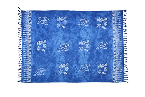 SAIVONA Pareo Sarong Strandtuch Damen - Wickelrock Strand - Handtuch Blickdicht als Wickeltuch oder Handtuchkleid und Wickelkleid Damen - Handarbeit aus Fair Trade Herstellung Batik Blau Meerestiere von SAIVONA