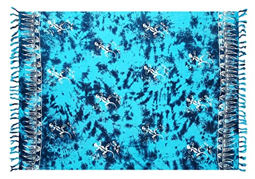 Pareo Sarong Strandtuch Damen - Wickelrock Strand - Handtuch Blickdicht als Wickeltuch oder Handtuchkleid und Wickelkleid Damen - Handarbeit aus Fair Trade Herstellung Batik Blau Türkis Gecko von SAIVONA