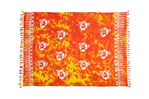 SAIVONA Pareo Sarong Strandtuch Damen - Wickelrock Strand - Handtuch Blickdicht als Wickeltuch oder Handtuchkleid und Wickelkleid Damen - Handarbeit aus Fair Trade Herstellung Batik Blume Orange von SAIVONA