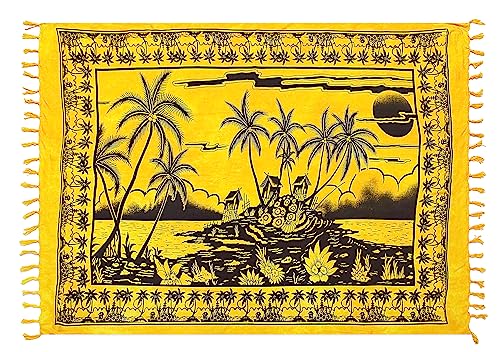 SAIVONA Pareo Sarong Strandtuch Damen - Wickelrock Strand - Handtuch Blickdicht als Wickeltuch oder Handtuchkleid und Wickelkleid Damen - Handarbeit aus Fair Trade Herstellung Batik Gelb Insel Meer von SAIVONA