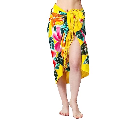 SAIVONA Pareo Sarong Strandtuch Damen-Wickelrock Strand-Handtuch Wickeltuch oder Handtuchkleid und Wickelkleid Damen-Handarbeit aus Fair Trade Herstellung Batik Blume Gelb Bunt von SAIVONA