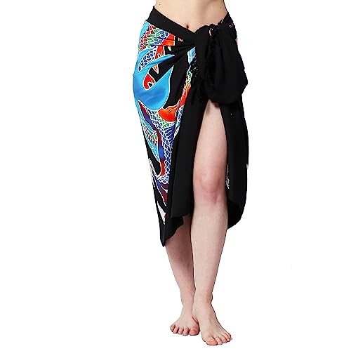 SAIVONA Pareo Sarong Strandtuch Damen-Wickelrock Strand-Handtuch Wickeltuch oder Handtuchkleid und Wickelkleid Damen-Handarbeit aus Fair Trade Herstellung Batik Drache Schwarz Bunt von SAIVONA