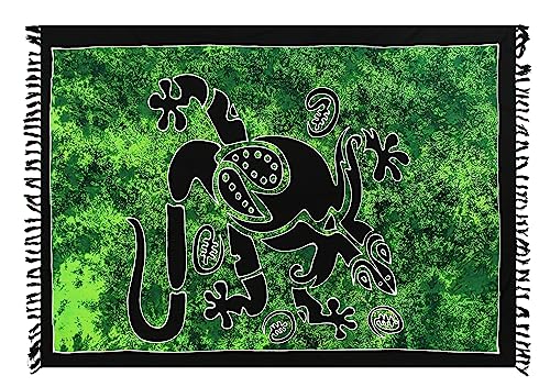 SAIVONA Pareo Sarong Strandtuch Damen-Wickelrock Strand-Handtuch Wickeltuch oder Handtuchkleid und Wickelkleid Damen-Handarbeit aus Fair Trade Herstellung Batik Gecko Grün Schwarz von SAIVONA