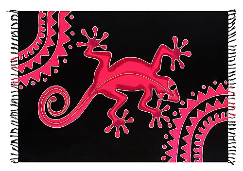 SAIVONA Pareo Sarong Strandtuch Damen-Wickelrock Strand-Handtuch Wickeltuch oder Handtuchkleid und Wickelkleid Damen-Handarbeit aus Fair Trade Herstellung Batik Gecko Schwarz Pink von SAIVONA