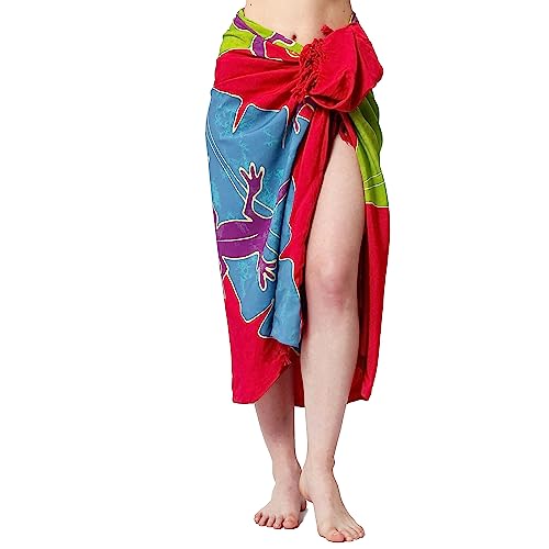 SAIVONA Pareo Sarong Strandtuch Damen-Wickelrock Strand-Handtuch Wickeltuch oder Handtuchkleid und Wickelkleid Damen-Handarbeit aus Fair Trade Herstellung Batik Geckos Bunt Blickdicht Bali von SAIVONA