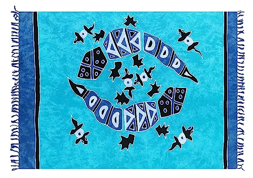 SAIVONA Pareo Sarong Strandtuch Damen-Wickelrock Strand-Handtuch Wickeltuch oder Handtuchkleid und Wickelkleid Damen-Handarbeit aus Fair Trade Herstellung Batik Türkis Gecko von SAIVONA