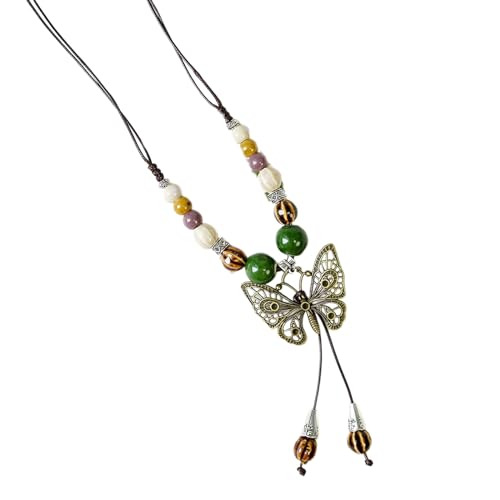 SAKEIOU Halskette mit Schmetterlings-Anhänger im Ethno-Stil, Vintage-Stil, handgefertigt, geflochtene Keramik-Perlen-Pullover-Kette, verstellbarer Winter-Schmuck von SAKEIOU