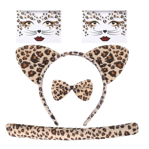 SALGIA 5PCS Leoparden Kostüm Set, Leoparden Ohren Haarreif Schwanz Fliege + Leopard Gesicht Kunst Aufkleber, Damen Kinder Leoparden Kostüm Zubehör für Halloween Karneval Cosplay Mottoparty von SALGIA