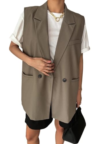 Casual Blazer for Women Double Button Double Pocket Vest Long Blazer Sleeveless for Business Office von SALGOO