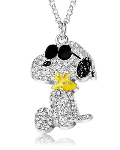 SALLY ROSE Peanuts Snoopy-Halskette für Damen, offizielle Lizenz, 40,6 cm + 7,6 cm, Kristall-Pavé-Joe-Cool und Woodstock-Anhänger, modisch, Kristall von SALLY ROSE