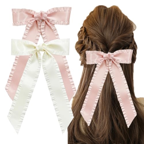SALOCY Haarschleifen für Damen und Mädchen, rosa Schleifen, Quaste, Haarschleife, langer Schwanz, Haarschmuck für Mädchen (Rosa und Beige) von SALOCY
