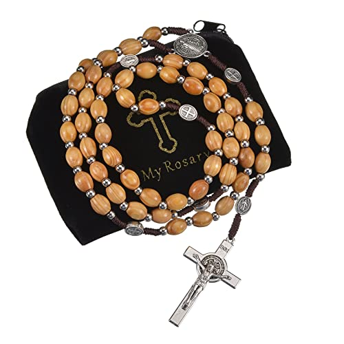 SALOMOCA Katholische Holz-Rosenkranz-Halskette mit massivem Kreuz-Anhänger mit Heiligem Bild von Jesus Kruzifix, natürliche Maserung auf den Holzperlen, Bild des Heiligen Benedikt für Männer und von SALOMOCA
