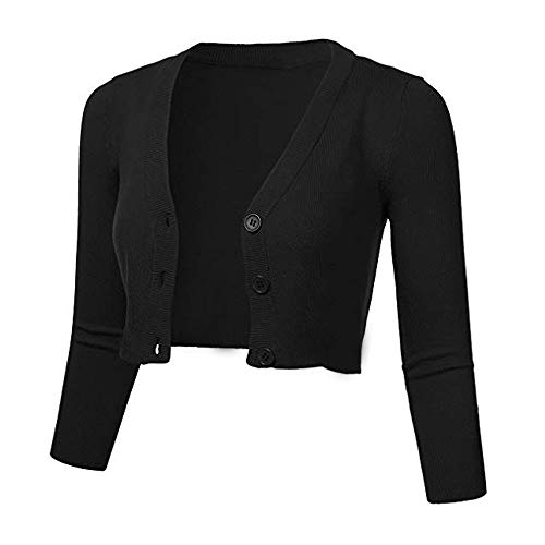 Damen Elegant Jersey Bolero Offene 3/4 Ärmel V Ausschnitt Unifarben Bolerojacke Slim Fit Cardigan Crop Top Kleid Jäckchen Jeans Blazer Festlich Abendkleider Jacke mit Knopfen Sommer Herbst von SALUCIA Bolero, Blazer & Jacke