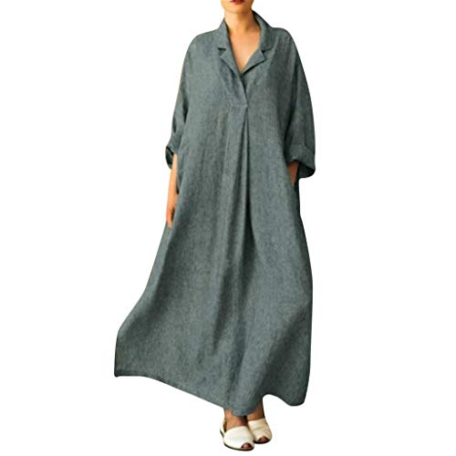 ZQTWJ Damen Langarm V Ausschnitt Blusenkleid Hemdkleid Shirt Kleid Baggy Leinen Lang Kleider Kaftan Maxikleid Beiläufige S-5XL von SALUCIA Damen Kleider