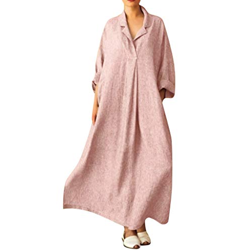 ZQTWJ Damen Langarm V Ausschnitt Blusenkleid Hemdkleid Shirt Kleid Baggy Leinen Lang Kleider Kaftan Maxikleid Beiläufige S-5XL von SALUCIA Damen Kleider