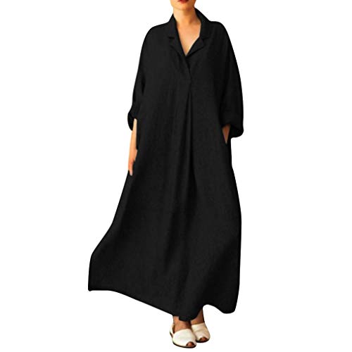 ZQTWJ Damen Langarm V Ausschnitt Blusenkleid Hemdkleid Shirt Kleid Baggy Leinen Lang Kleider Kaftan Maxikleid Beiläufige S-5XL von SALUCIA Damen Kleider