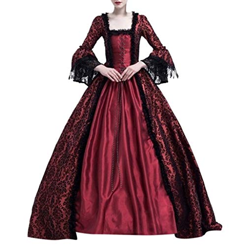 ZQTWJ Damen Mittelalter Gothic Kleid Spitze Satin Trompetenärmel Bodenlanges Retro Kostüm Gewand Viktorianisches Renaissance Prinzessin Kleidung Gr.34-44 (Bordeaux, EU-46 / Etikettengröße-XXXXL) von SALUCIA Festliches Kleider