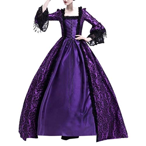 ZQTWJ Damen Mittelalter Gothic Kleid Spitze Satin Trompetenärmel Bodenlanges Retro Kostüm Gewand Viktorianisches Renaissance Prinzessin Kleidung Gr.34-44 (Lila, EU-46 / Etikettengröße-XXXXL) von SALUCIA Festliches Kleider