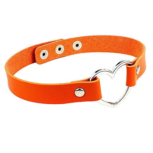 Damen Leder Choker Elegant Gothic Schlüsselbein Halskette mit Herz Stahlring Mode Hippie Kette Fein Schmuck Halsband für Frauen Geburtstag Party Hochzeit Geschenk (Orange) von SALUCIA-Halskette