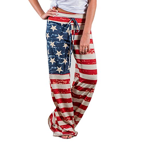 ZQTWJ Damen Lang Weite Hose USA Flagge Druck Bootcut Waist Hosen Locker Elastischer Bund Schlaghose Hüfthose Freizeithosen mit Tunnelzug von SALUCIA-Hosen