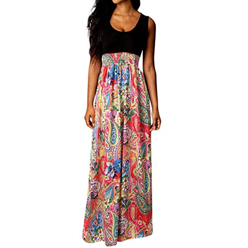 Boho Patchwork Lang Maxi Kleid Overall Einteiler, Elegant Damen Hohe Taille Falten Sommerkleid und Einfarbig Ärmellos Bodycon Weste Casual Bohemien Strandkleid Empire Druck Abendleider für Alltag von SALUCIA-Kleider