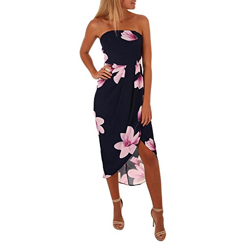 ZQTWJ Damen Off Shoulder Sommerkleid Elegant Schulterfrei High Waist Tailliert Falten Lang Vokuhila Kleid Sexy Rückenfrei Blumen Druck Bandeau Etui Strand Kleider Wickelkleid mit Schleife Gürtel von SALUCIA-Kleider