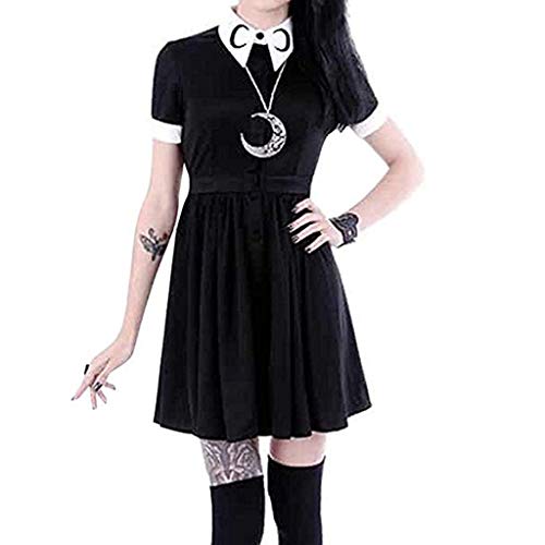 Sommerkleid Damen Elegant Gothic Kurzarm Bindekragen Knopfen High Waist Falten Rockabilly Kurz Kleid Vintage Sexy Punk Mond Druck Tailliert Jersey Minikleid Cosplay Party Kleider Große Größen von SALUCIA-Kleider