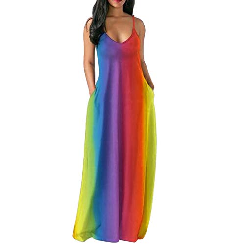 ZQTWJ Sommerkleid Damen Mode V Ausschnitt Bunt Regenbogen Boho Falten Bodenlänge Träger Kleid Elegant Ärmellos Tailliert High Waist Gradient Mixikleid Lose Lang Strand Party Kleider mit Taschen von SALUCIA-Kleider