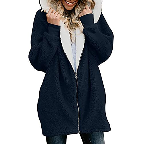 SALUC1A Damen Plüschjacke Warm Jacke Fleecejacke Winterjacke Herbst Winter Flauschige Kapuzenjacke Frauen Lose Reissverschluss Teddy Fleece Übergansjacke Outwear mit Kapuze und Taschen von SALUCIA