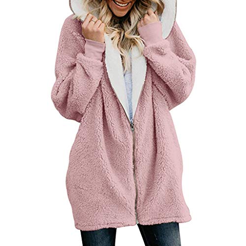 SALUC1A Damen Plüschjacke Warm Jacke Fleecejacke Winterjacke Herbst Winter Flauschige Kapuzenjacke Frauen Lose Reissverschluss Teddy Fleece Übergansjacke Outwear mit Kapuze und Taschen von SALUCIA