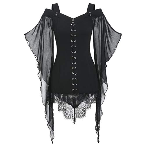 SALUCIA Damen Bluse Kleid Gothic Spitze Mesh Fledermausärmel Longbluse Shirt Oberteile Top mit Bandage von SALUCIA