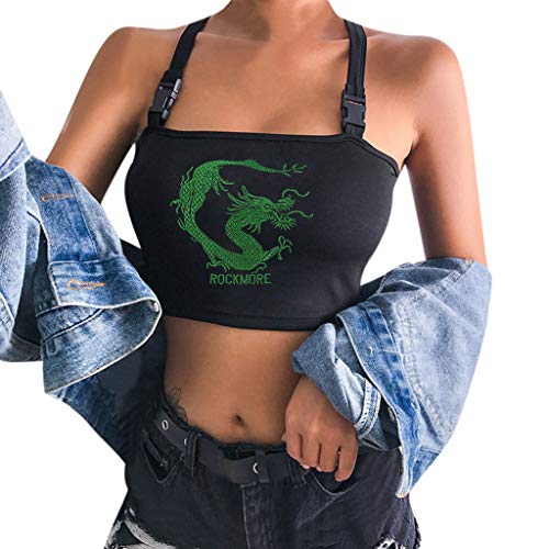 SALUCIA Damen Crop Top Bauchfrei Oberteile Ärmellos Träger Shirt Camisole Bustier Tops mit Drache Stickerei (2# Schwarz, M) von SALUCIA