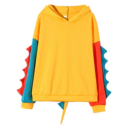 SALUCIA Damen Teenager Mädchen Bunt Dino Hoodie Pullover mit Kapuze Dinosaurier Kapuzenpullover Sweatshirt Langarmshirt Oberteile Top ohne Taschen (EU-40 / Etikettengröße-XL, 2# Gelb) von SALUCIA