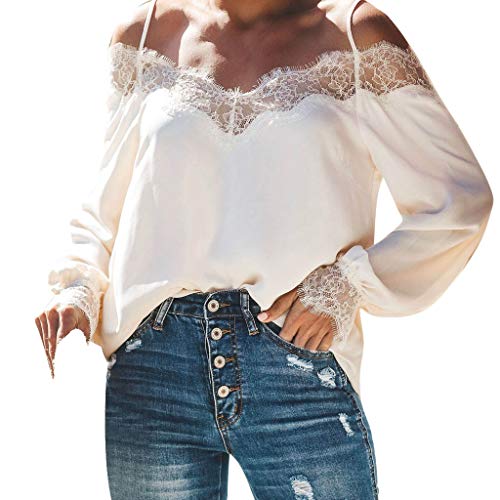 SALUCIA Damen V Ausschnitt Langarm Schulterfrei Spitze Stitching Chiffon Shirt Bluse Tunika Frauen Herbst Mode Elegante Spaghettiträger Camisole Carmen Tshirt Pulli Pullover Jumper Oberteile Top von SALUCIA