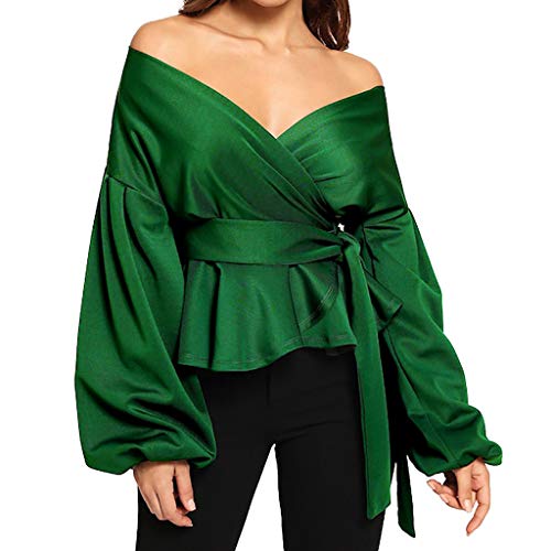 SALUCIA Damen V Ausschnitt Puffärmel Satin Wickel Bluse Shirt Tunika Frauen Schicke Elegante Sexy Volant Carmenbluse Langarmshirt Pulli Pullover Jumper Oberteile Top mit Schleife Gürtel von SALUCIA