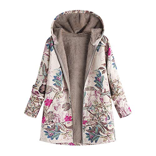 SALUCIA Damen Winterjacke Warme Kapuzenjacke Oversize Winter Jacke Parka Lange Mantel Vintage Lose Boho Blumen Teddyfutter Flauschige Übergangsjacke mit Kapuze von SALUCIA