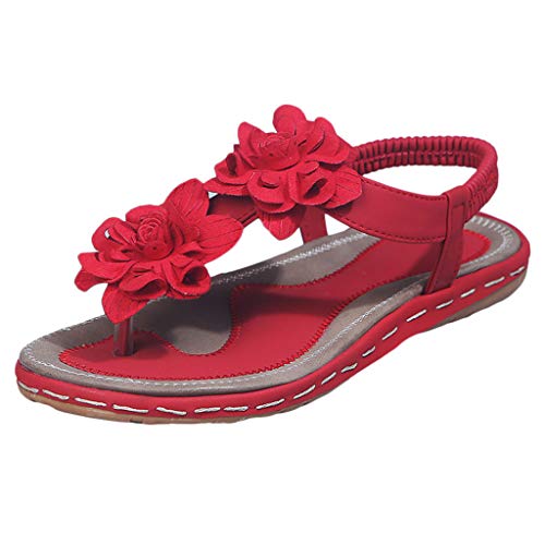 SALUCIA Flache Sandalen für Frauen Casual Clip Toe Sandalen Bohemia Flower Beaded Comfort T-Strap Sandalen von SALUCIA