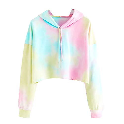 SALUCIA Hoodie Damen Bunte Farbverlauf Pullover mit Kapuze Bauchfrei Sweatshirt Langarmshirt Pulli Kapuzenpullover Winter Herbst Kurz Oberteile Crop Top(Himmelblau, 40) von SALUCIA