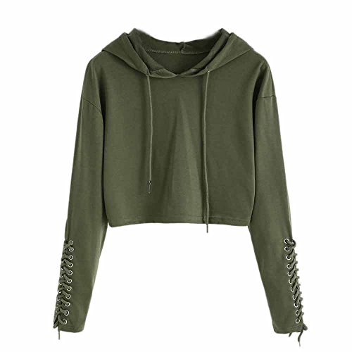 SALUCIA Hoodie Damen Schnürung Unifarben Pullover mit Kapuze Bauchfrei Sweatshirt Langarmshirt Pulli Kapuzenpullover Winter Herbst Tumblr Kurz Oberteile Crop Top(Armeegrün, S) von SALUCIA