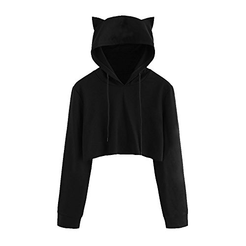 SALUCIA Hoodie Damen Unifarben Bauchfrei Pullover mit Katzenohren Kapuze Sweatshirt Langarmshirt Pulli Kapuzenpullover Winter Herbst Kurz Oberteile Crop Top(Schwarz, L) von SALUCIA