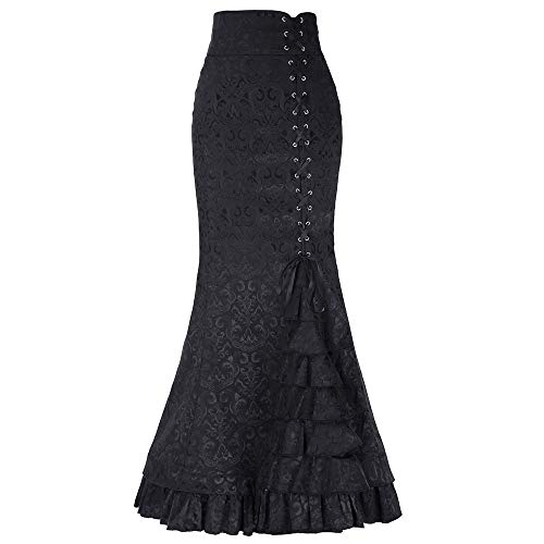 SALUCIA Spitze Maxirock Damen Punk-Stil Retro Meerjungfrau Rock Vintage Lange Rüschen Slim Fit Fishtail Rock Rüschen Geraffte Cross Hem Slim Long Skirt Hoher taillierter Festlich Rock von SALUCIA