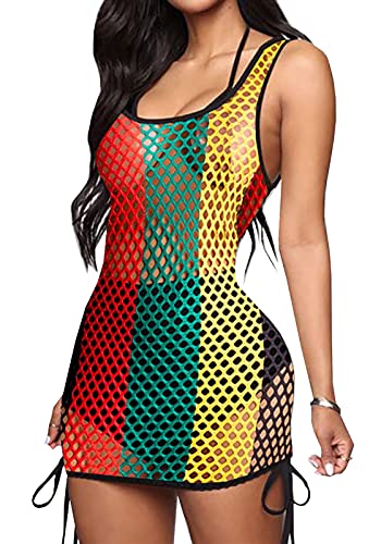 SAMACHICA Damen Tank-Minikleid, bunt, gestreift, Fischnetz, Bikinis, Bademode, Rasta-Kleid, Floral, Medium von SAMACHICA