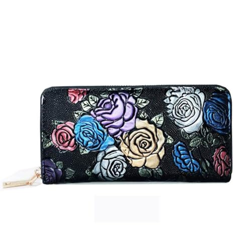 SAMEZA Damen Geldbörse Retro Rändelung Rose Blumenmuster Lange Leder weibliche Geldbörse Armband Frauen Handytasche,A,1 von SAMEZA