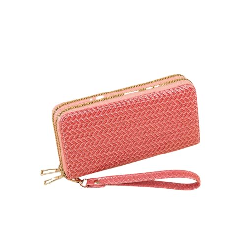 SAMEZA Geldbörse Damen Langes Gewebtes Muster Doppelreißverschluss Große Kapazität Clutch Leder Handytasche,Rosa von SAMEZA