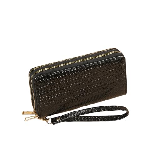 SAMEZA Geldbörse Damen Langes Gewebtes Muster Doppelreißverschluss Große Kapazität Clutch Leder Handytasche,Schwarz von SAMEZA