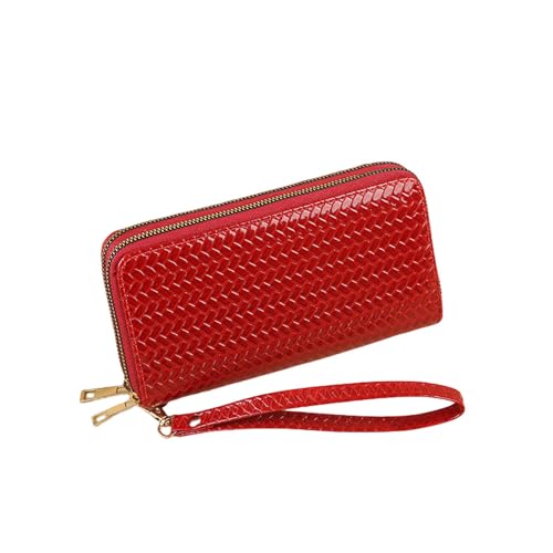SAMEZA Geldbörse Damen Langes Gewebtes Muster Doppelreißverschluss Große Kapazität Clutch Leder Handytasche,rot von SAMEZA
