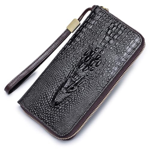 SAMEZA Lange Geldbörse aus echtem Leder mit Krokodilmuster und Reißverschluss, Rindsleder, Diebstahlschutz, Bürstengeldbörse für mehrere Karten, Kaffeebraun, 1 von SAMEZA