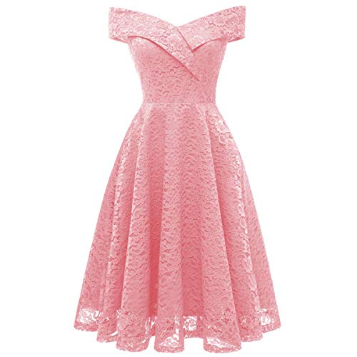 SAMGU Damen Elegant Spitze V-Ausschnitt Aus der Schulter Abendkleider Cocktailkleider Partykleider Ballkleider Rosa L von SAMGU